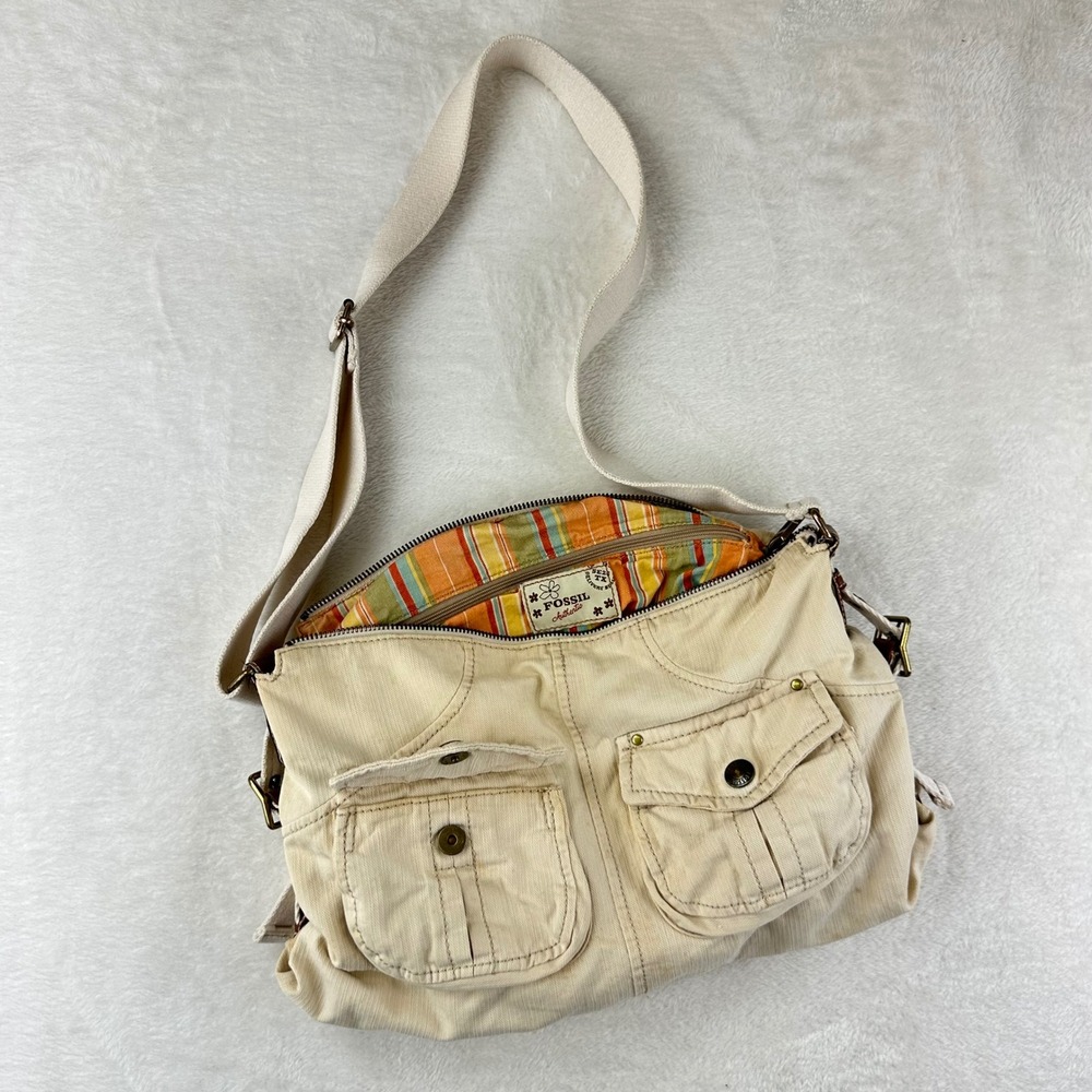 Fossil Crossbody Bag Womens Utility Messenger Cream Canvas Cotton VTG Boho Y2K